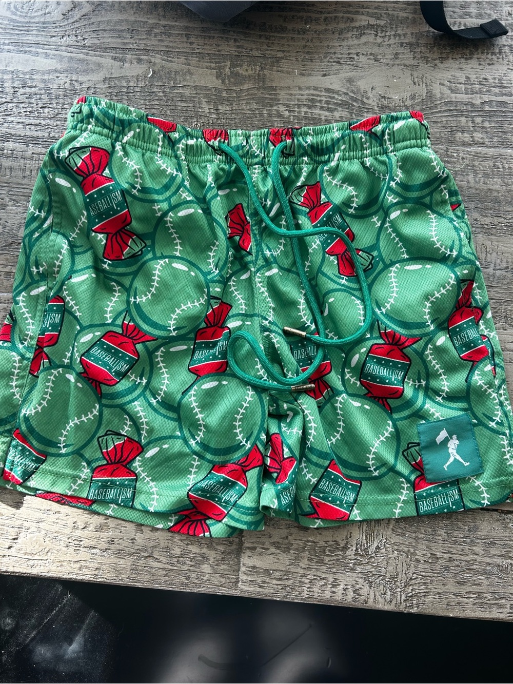 Kids Green Baseball Print Drawstring Shorts